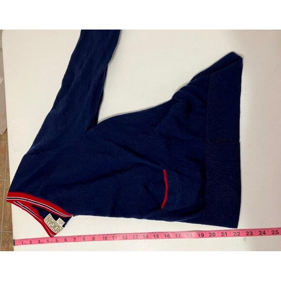 CARDIGAN 100% Merino Wool Men's Cardigan Navy Blue Red Stripe Button Sweater M - Picture 11 of 11